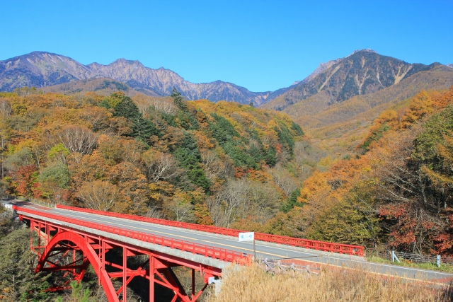 旅先をイメージした風景 渓谷の赤い橋