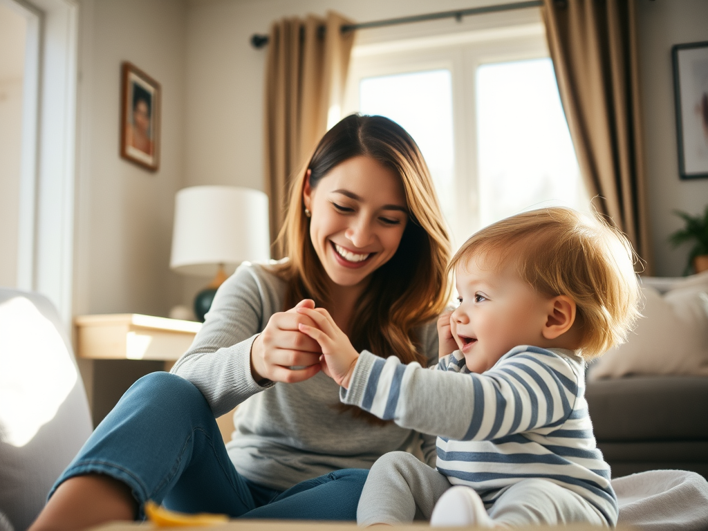 ママと子ども 家のなかで手をにぎる