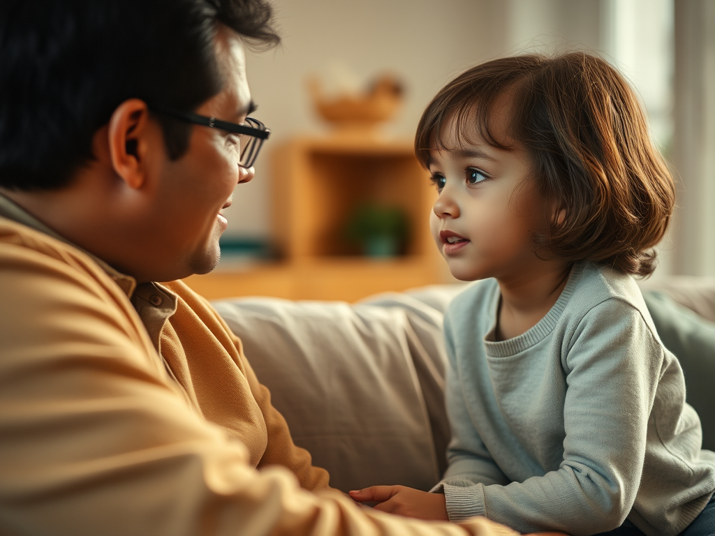 ソファーで見合わせているパパと子ども